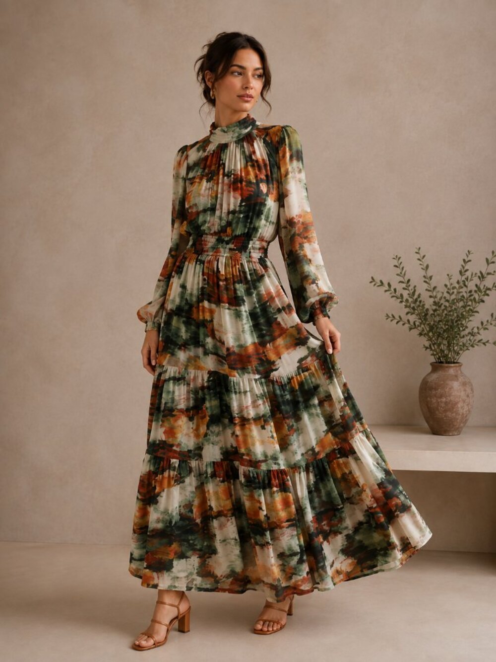 Anthropologie The Somerset Long Sleeve Chiffon Edition Smocked Waist Maxi Dress